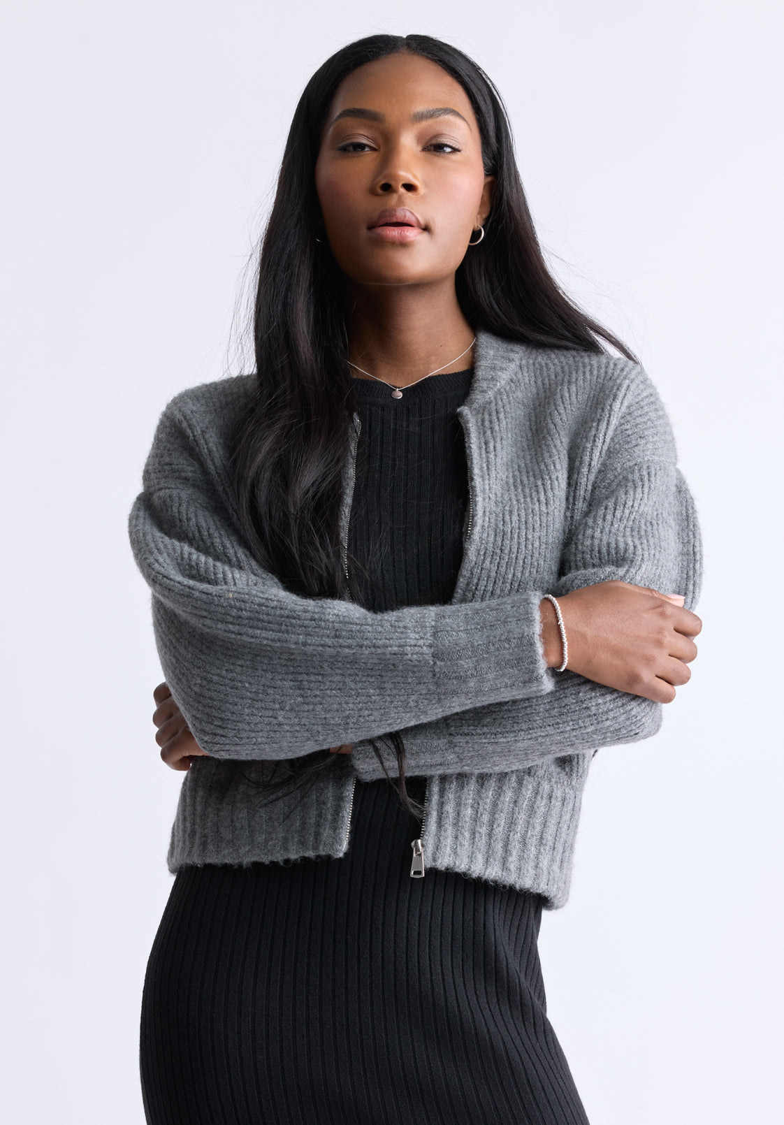 Rudie Women's Ribbed Knit Zip-Up Cardigan. Grey - SW0097H