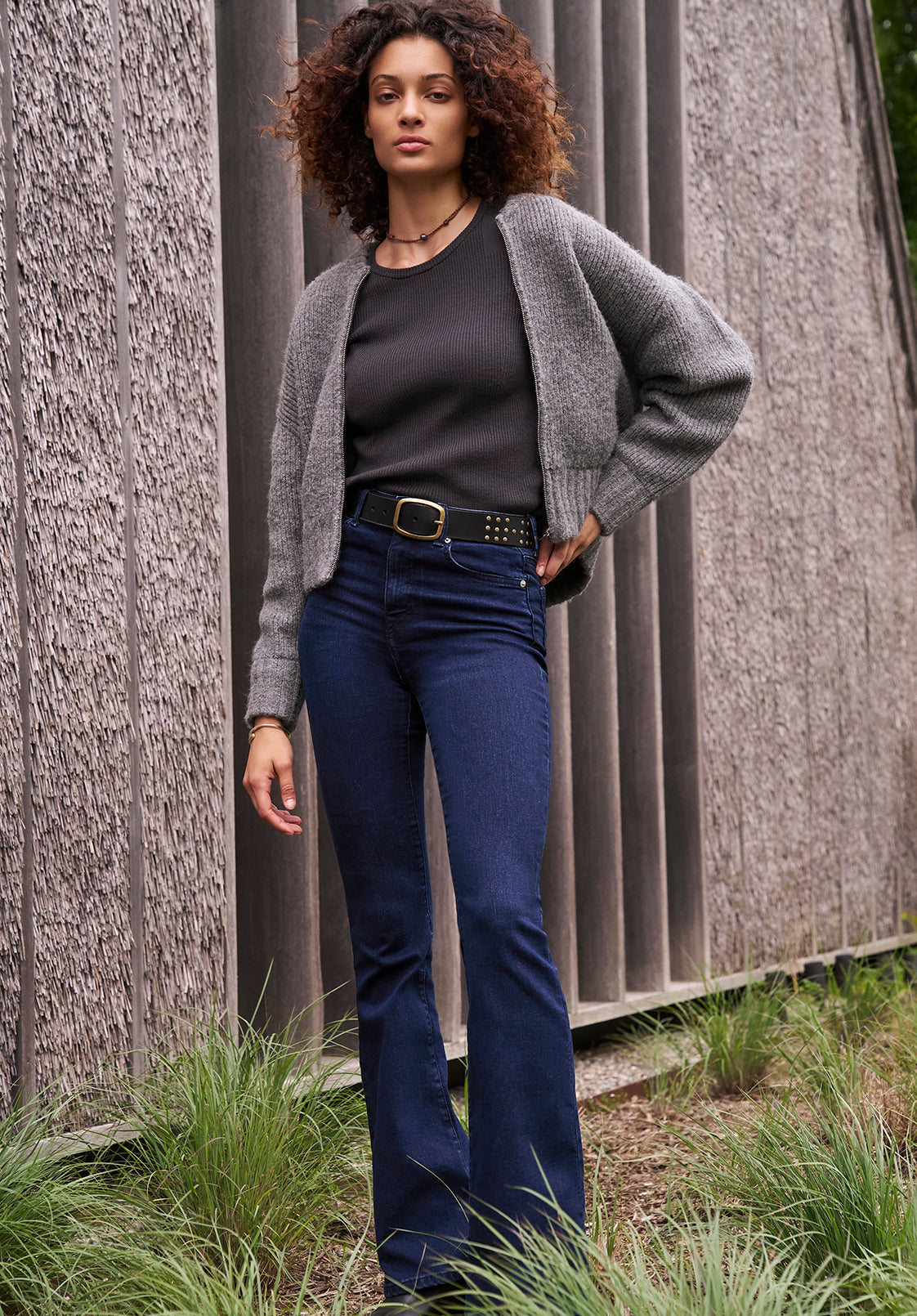 Rudie Women's Ribbed Knit Zip-Up Cardigan. Grey - SW0097H