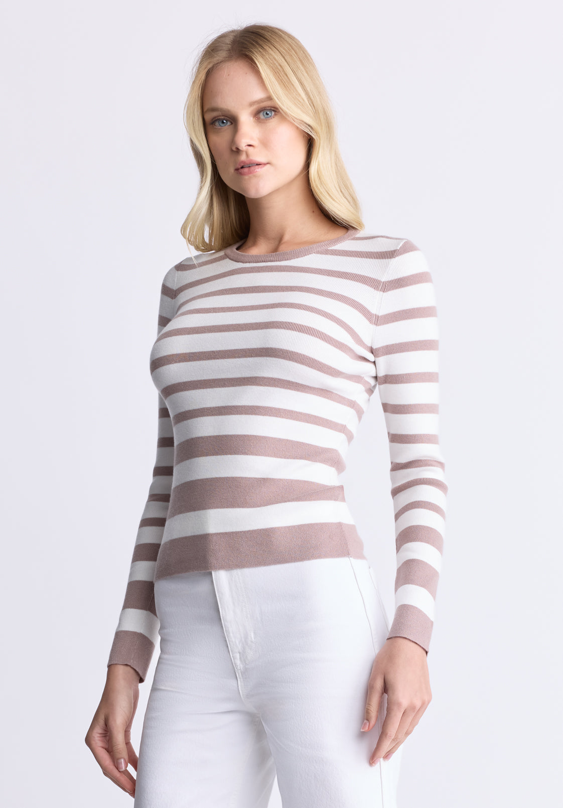 Scotlyn Women's Striped Long-Sleeve Sweater. White & Tan - SW0103H