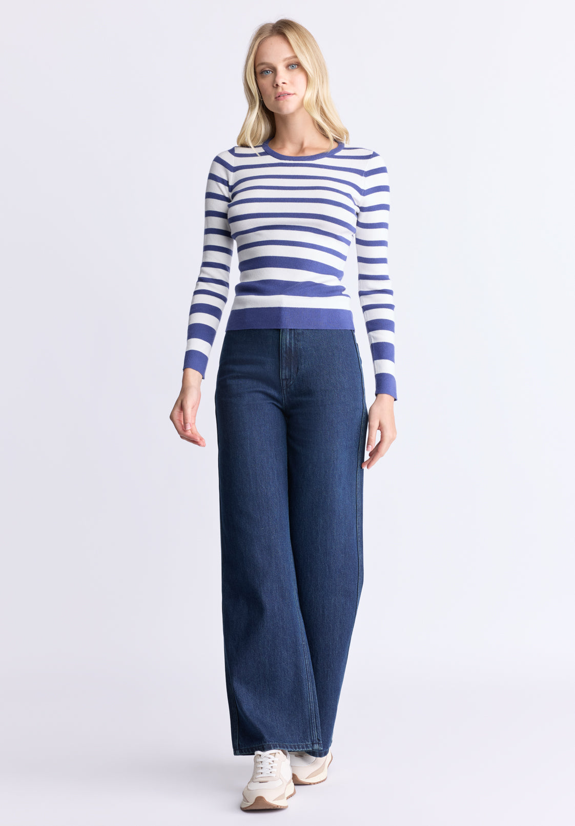 Scotlyn Women's Striped Long-Sleeve Sweater. White & Blue - SW0103H